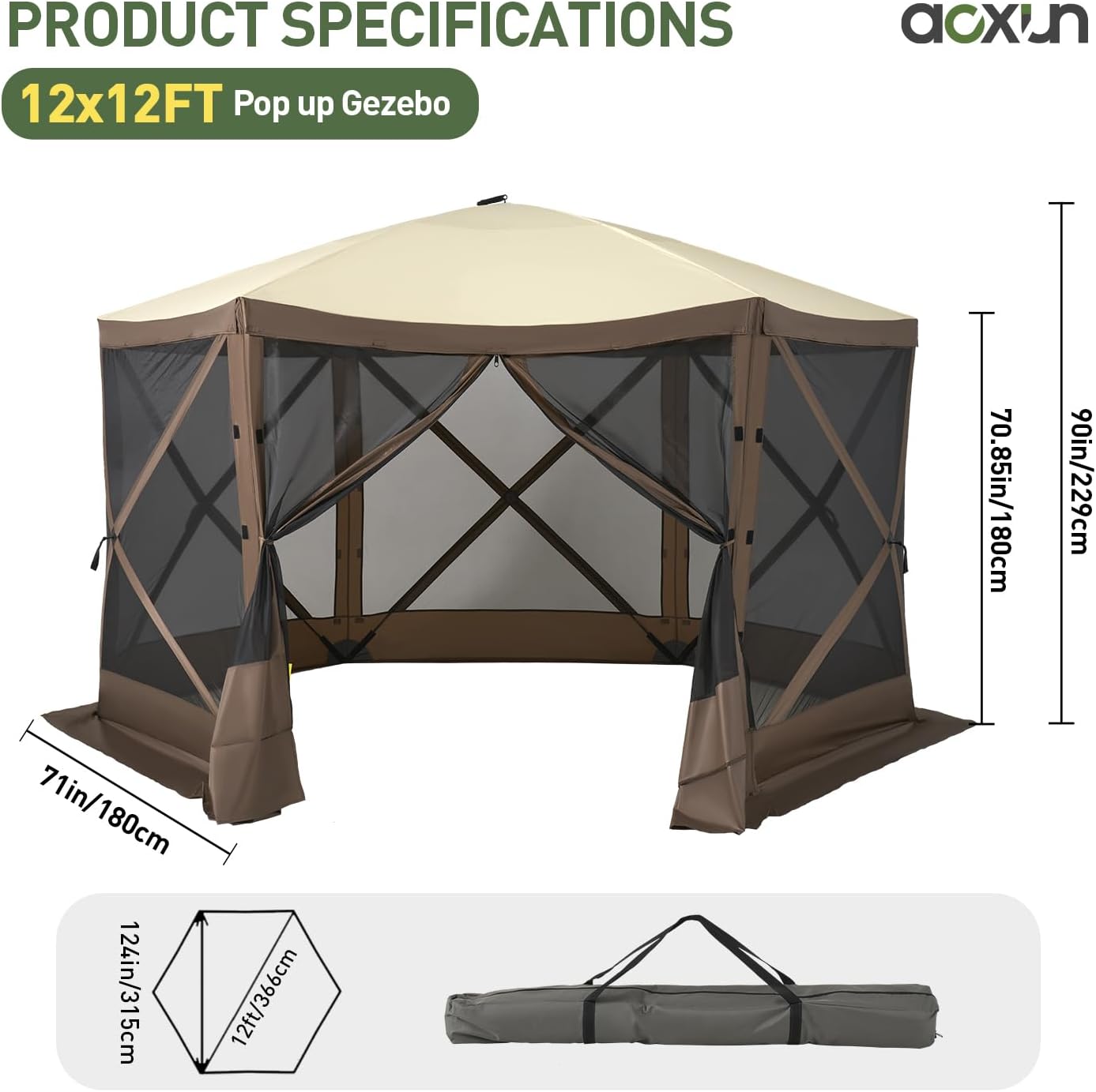 Aoxun 12x12FT Pop Up Canopy Tent, 6-Sided Pop-up Gazebo Screen Tent with Mesh Windows, Outdoor Canopy Shelter Tent with Carrying Bag, Large Shade Tents for Camping, Backyard, Patio, Lawn, Brown
