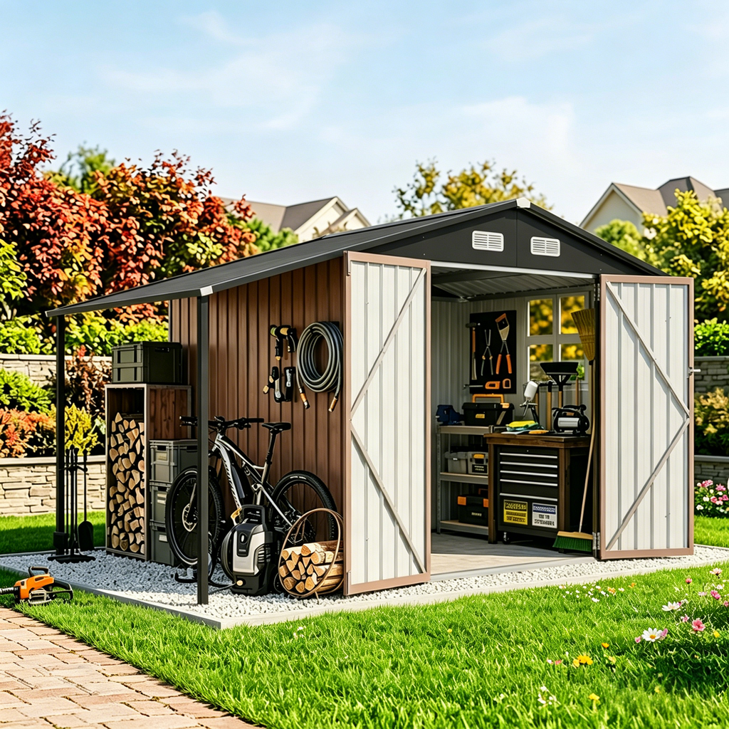 Aoxun  6x10 FT Outdoor Storage Shed Metal Lean to Sheds with Gazebo,Open Firewood Storage,Garden Shed with Lockable Doors,Sloped Roof,Windows, 2 in 1 Large Tool Shed for Patio, Backyard, Lawn