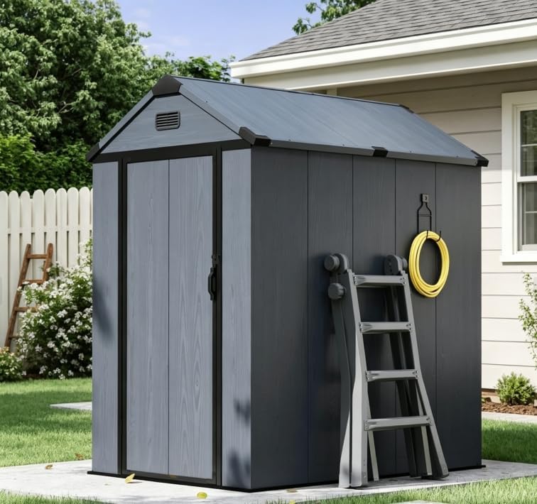 Aoxun 4×6 FT All-Weather Resin Storage Shed, Outdoor Plastic Tool Shed with Reinforced Floor, Lockable Door, Window & Vent for Garden Patio Backyard, Stores Bike, Garbage Can & Yard Gear