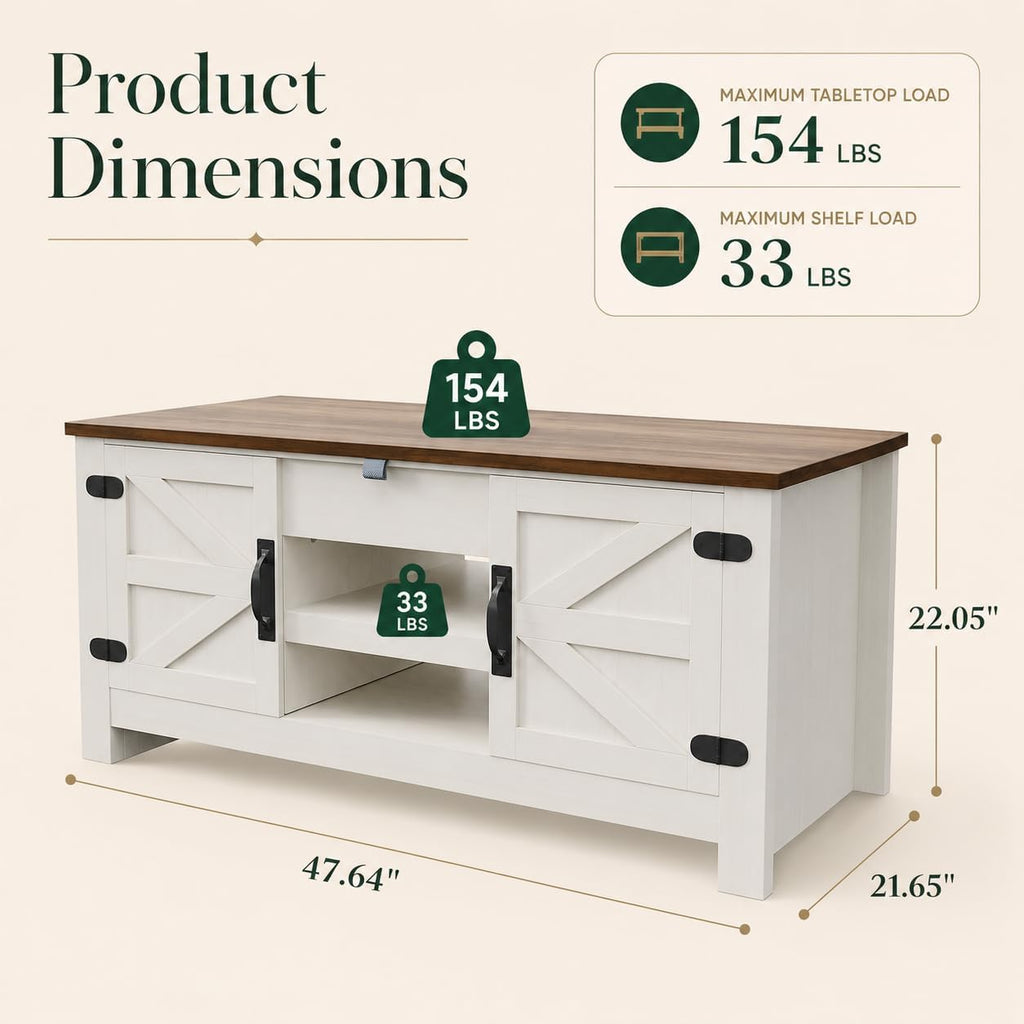 Farmhouse Lift Top Coffee Table with Barn Door, 48” Rustic Center Table for Living Room, Coffee Table with Hidden Storage Compartment, White