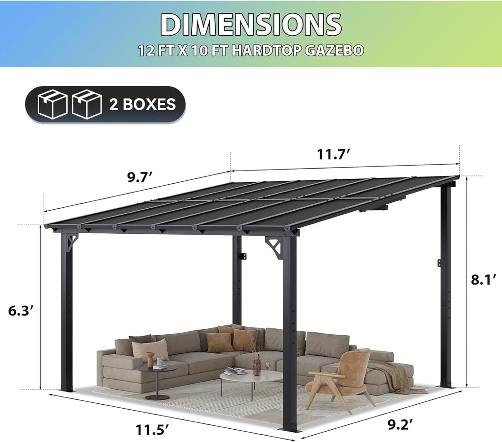 Aoxun 12'x 10' Premium Gazebo with Aluminum Top Frame & Polycarbonate Panel, Wall Mounted Gazebos Pergola, Outdoor Patio Lean to Gazebo, Awnings with Sloped Roof, for Backyard, Porch, Deck, Black