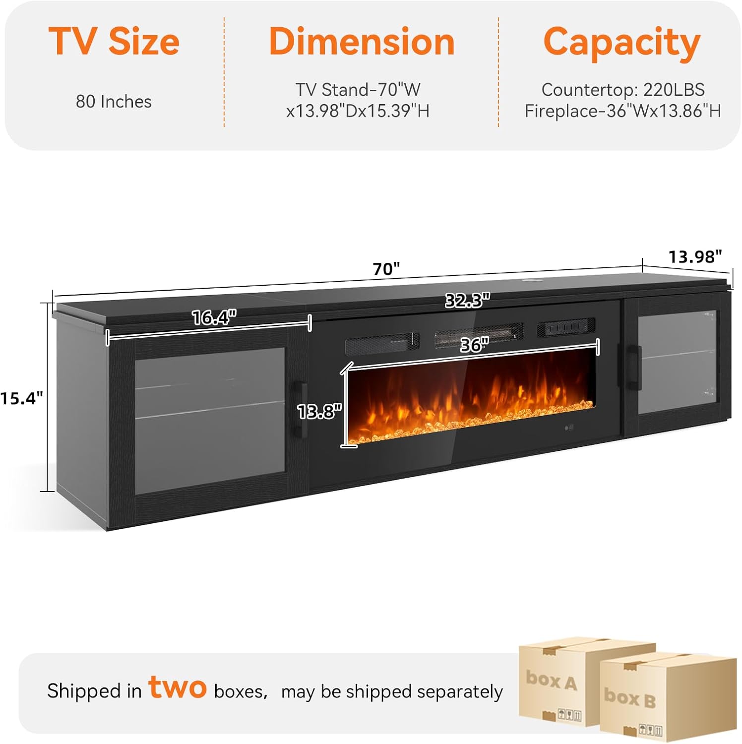 Nordivale 70" Floating TV Stand with 36" Electric Fireplace, Wall Mounted Fireplace Entertainment Center with Storage for TVs Up to 80",WI-FI Enable Fireplace TV Stand for Living Room,Black&Black