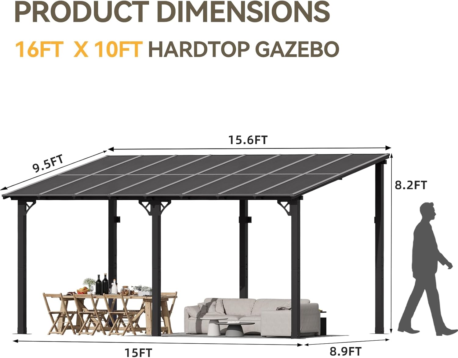 Aoxun 16' x 10' Gazebo for Patio, Gazebo Pergola with Sloped Roof, Large Wall-Mounted Heavy Duty Awnings, for Backyard, Deck, Patio