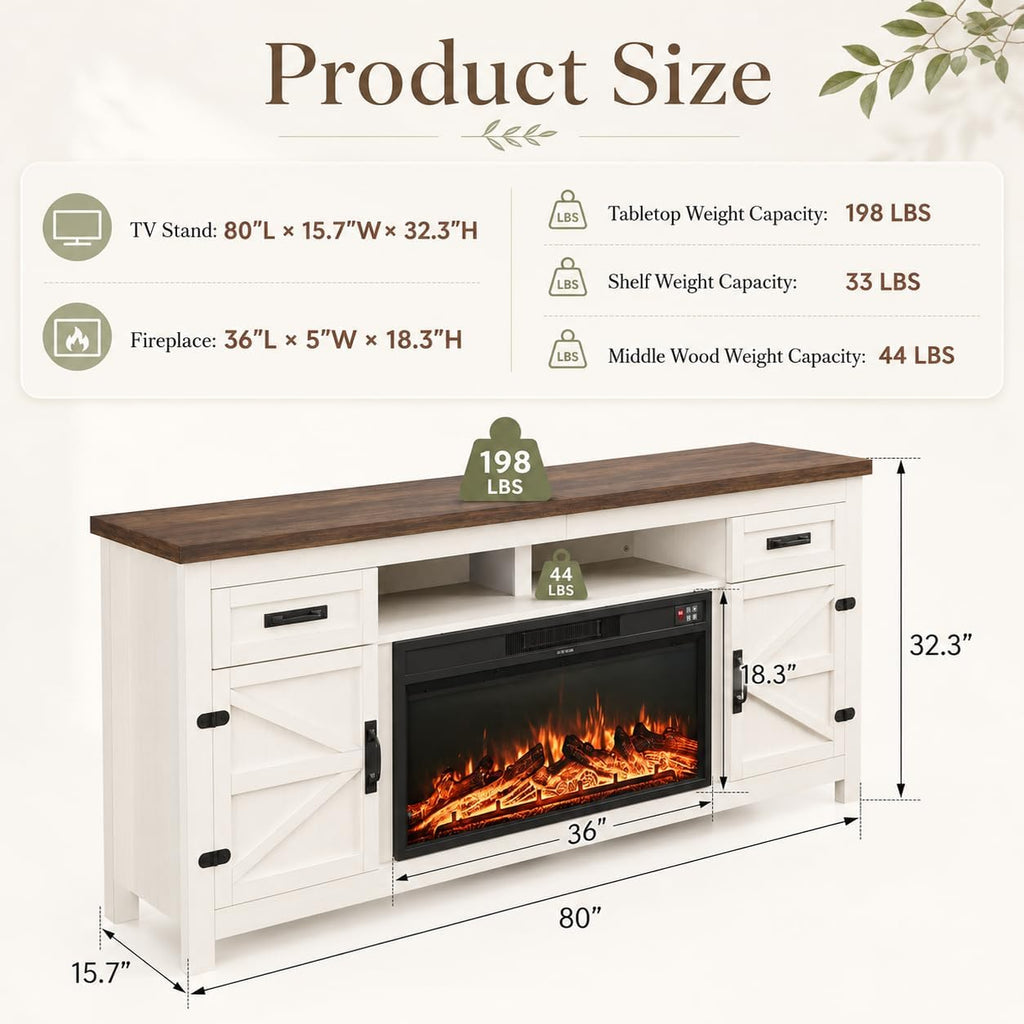 Nordivale Fireplace TV Stand with Barn Door, Farmhouse Fireplace Entertainment Center with Electric Fireplace and Storage for Living Room, 80inch, White