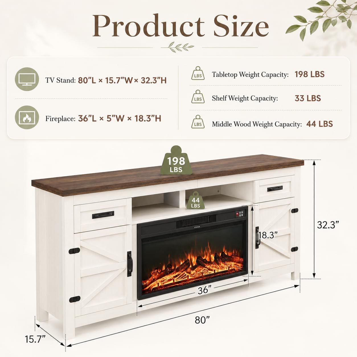 Nordivale Fireplace TV Stand with Barn Door, Farmhouse Fireplace Entertainment Center with Electric Fireplace and Storage for Living Room, 80inch, White