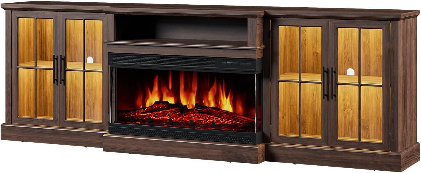Nordivale 98" Farmhouse Fireplace TV Stand,TV Console with 36" Fireplace for TVs up to 100", Entertainment Center with Adjustable Shelves and Large Storage Cabinets for Living Room, Brown & Black