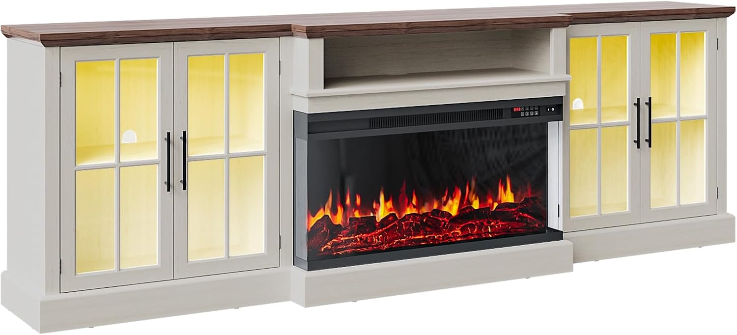 Nordivale 98" Farmhouse Fireplace TV Stand,Tv Console with 36" Fireplace for TVs up to 100", Entertainment Center with Adjustable Shelves and Large Storage Cabinets, for Living Room, White & Black