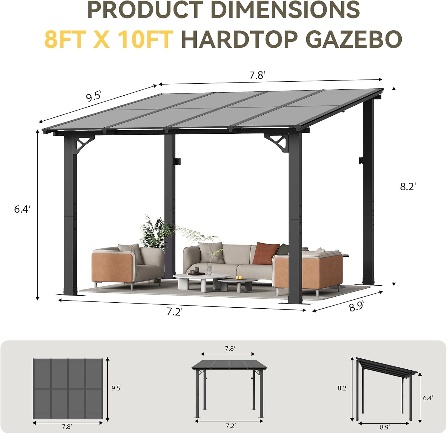 Aoxun 8’x10’ Gazebo, Wall Mounted Gazebos Pergola on Clearance, Outdoor Patio, Large Wall-Mounted Heavy Duty Awnings for Patio, Decks, Backyard (Black)