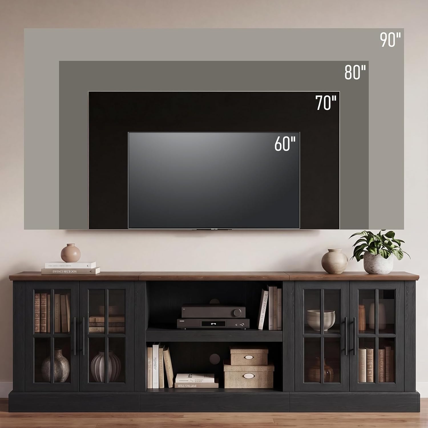 Breezestival 80 Inch Farmhouse TV Stand for TVs up to 90", Media Entertainment Center with Adjustable Shelves and Large Storage Cabinets, for Living Room, Black