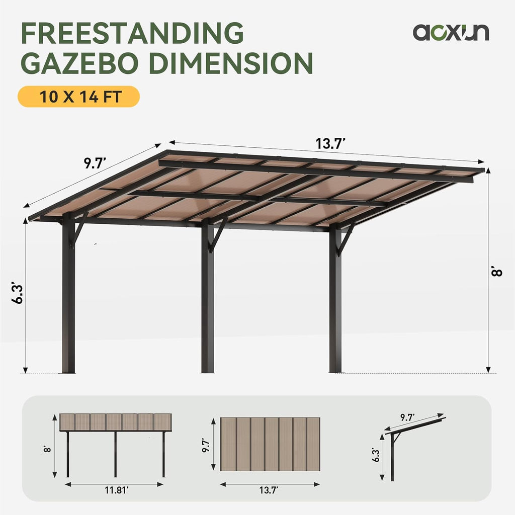 Aoxun 14' x 10' Gazebo, Freestanding Pergola with Roof, Heavy Duty Outdoor Pergolas for Patios, Hard Top Metal Wall-Mounted Pergola, 4.72" Thick Support Posts Carport Shelter for Patio, Backyard