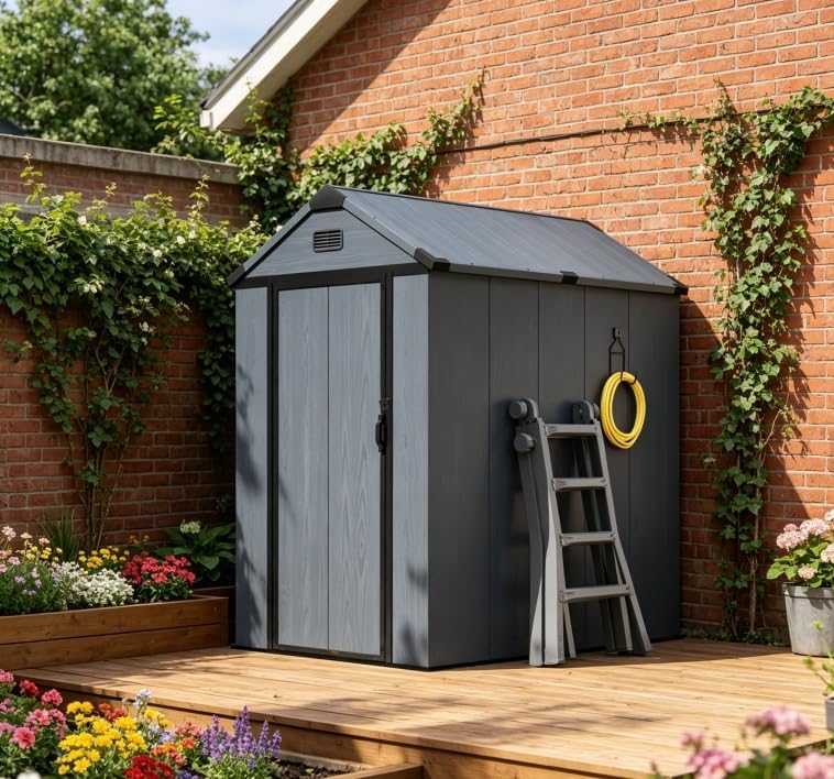 Aoxun 4×6 FT All-Weather Resin Storage Shed, Outdoor Plastic Tool Shed with Reinforced Floor, Lockable Door, Window & Vent for Garden Patio Backyard, Stores Bike, Garbage Can & Yard Gear, Dark Gray