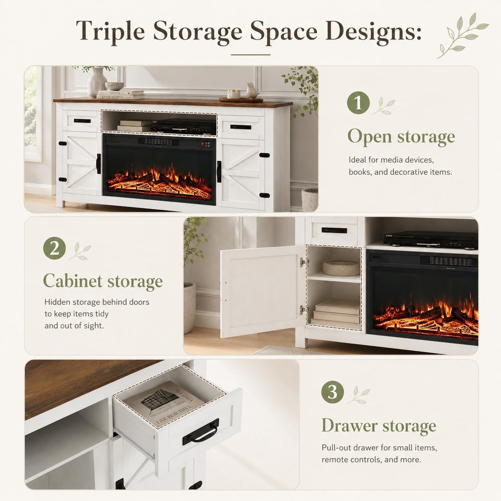 Nordivale Fireplace TV Stand with Barn Door, Farmhouse Fireplace Entertainment Center with Electric Fireplace and Storage for Living Room, 70inch, White