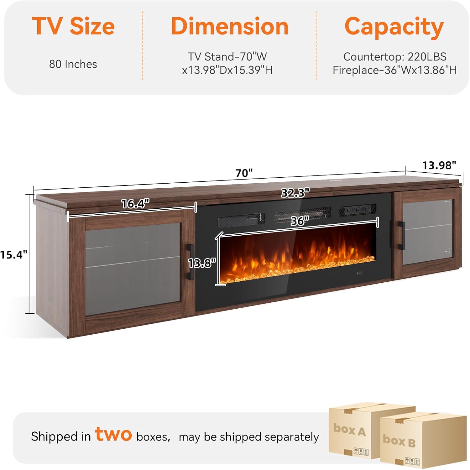 Nordivale 70" Floating TV Stand with 36" Electric Fireplace, Wall Mounted Fireplace Entertainment Center with Storage for TVs Up to 80",Fireplace TV Stand for Living Room，Brown&Black