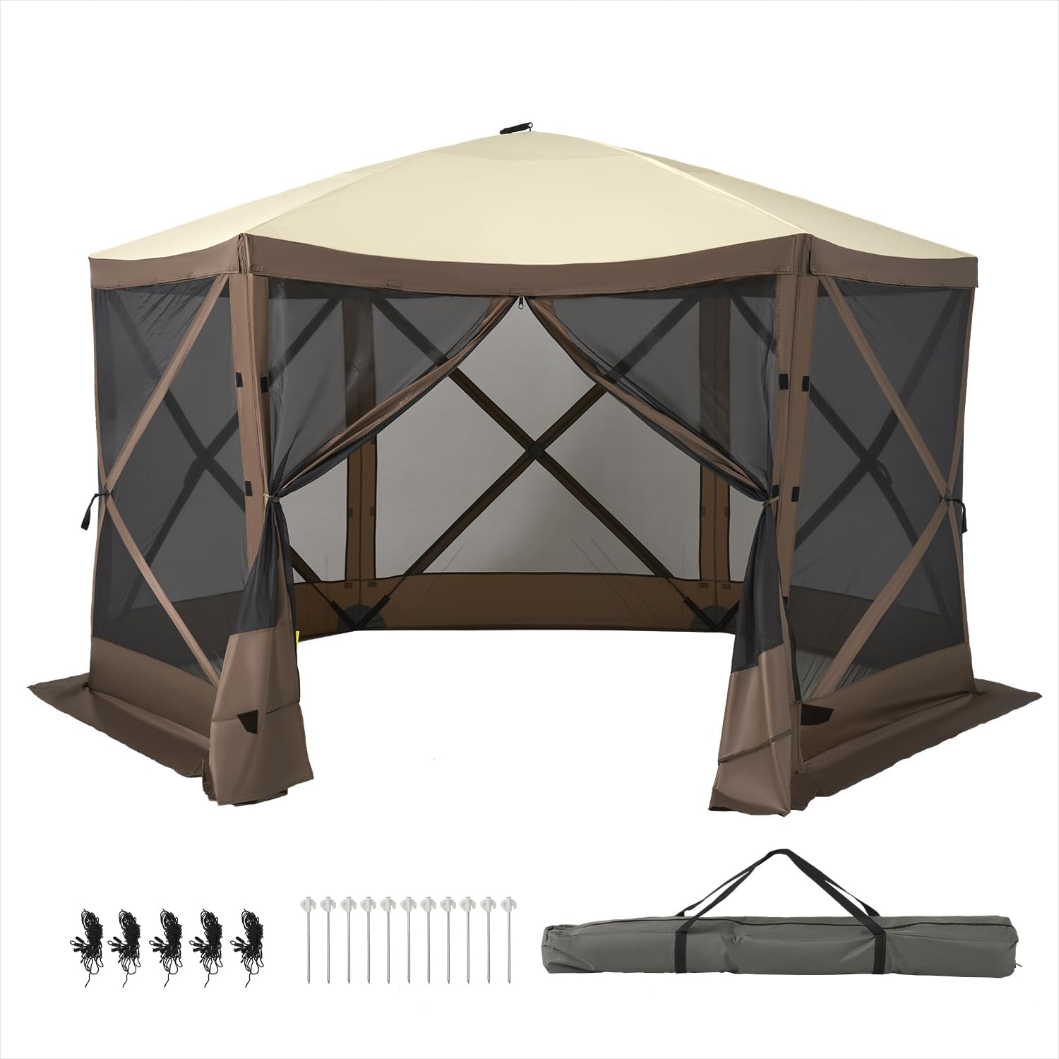 Aoxun 12x12FT Pop Up Canopy Tent, 6-Sided Pop-up Gazebo Screen Tent with Mesh Windows, Outdoor Canopy Shelter Tent with Carrying Bag, Large Shade Tents for Camping, Backyard, Patio, Lawn, Brown