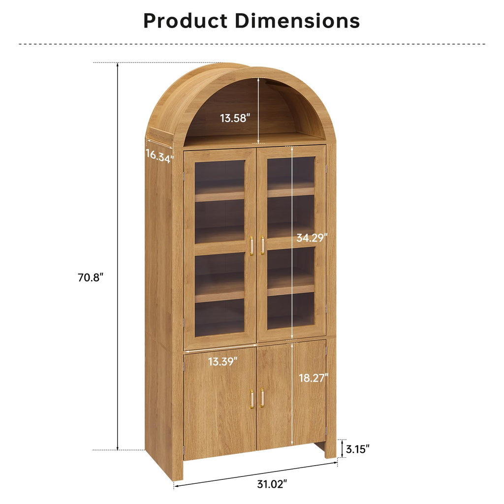Breezestival 71" Tall Arched Kitchen Pantry Cabinet, Modern Farmhouse Wood Kitchens Storage Cabinets, Cupboard for Dining Room, Kitchen, Bathroom, Natural