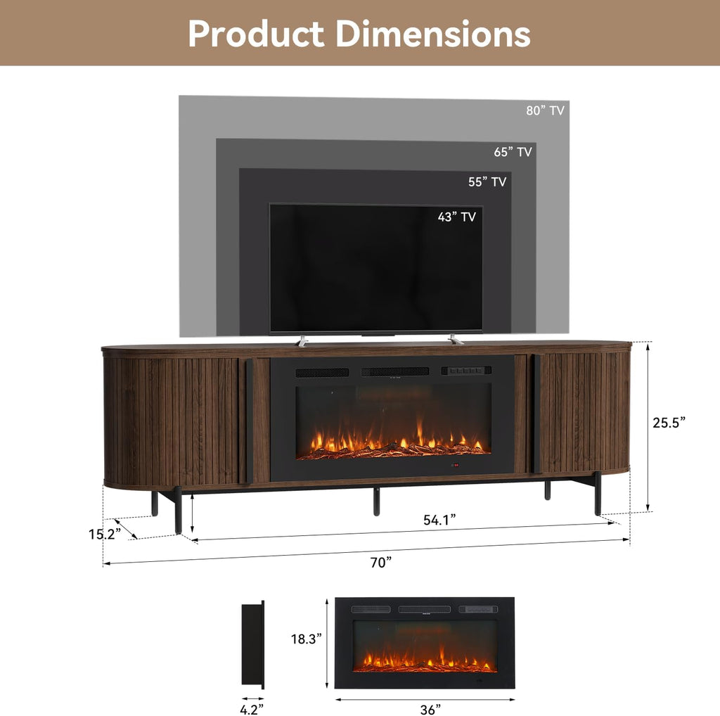 Luxury 70" Fluted TV Stand with Fireplace, Mid Century Modern TV Stand, Entertainment Center for TVs Up to 80", Electric Fireplace TV Console for Living Room with Storage,70 Inch, Brown
