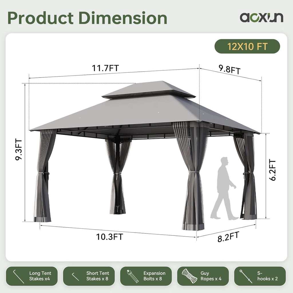 Aoxun 12x10 Outdoor Gazebo for Patio, Metal Frame Canopy Gazebo with Double Roofs, Heavy Duty Backyard Gazebo with Mosquito Netting, Patio Shelter for Garden Lawn Deck (Gray)