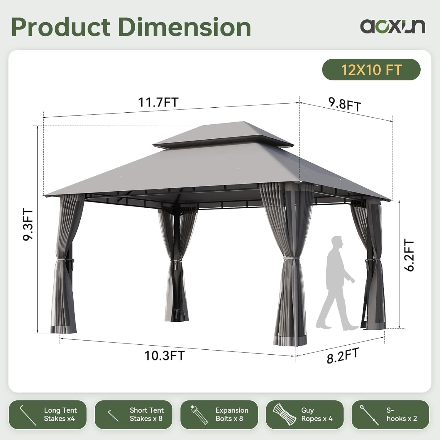 Aoxun 12x10 Outdoor Gazebo for Patio, Metal Frame Canopy Gazebo with Double Roofs, Heavy Duty Backyard Gazebo with Mosquito Netting, Patio Shelter for Garden Lawn Deck (Gray)