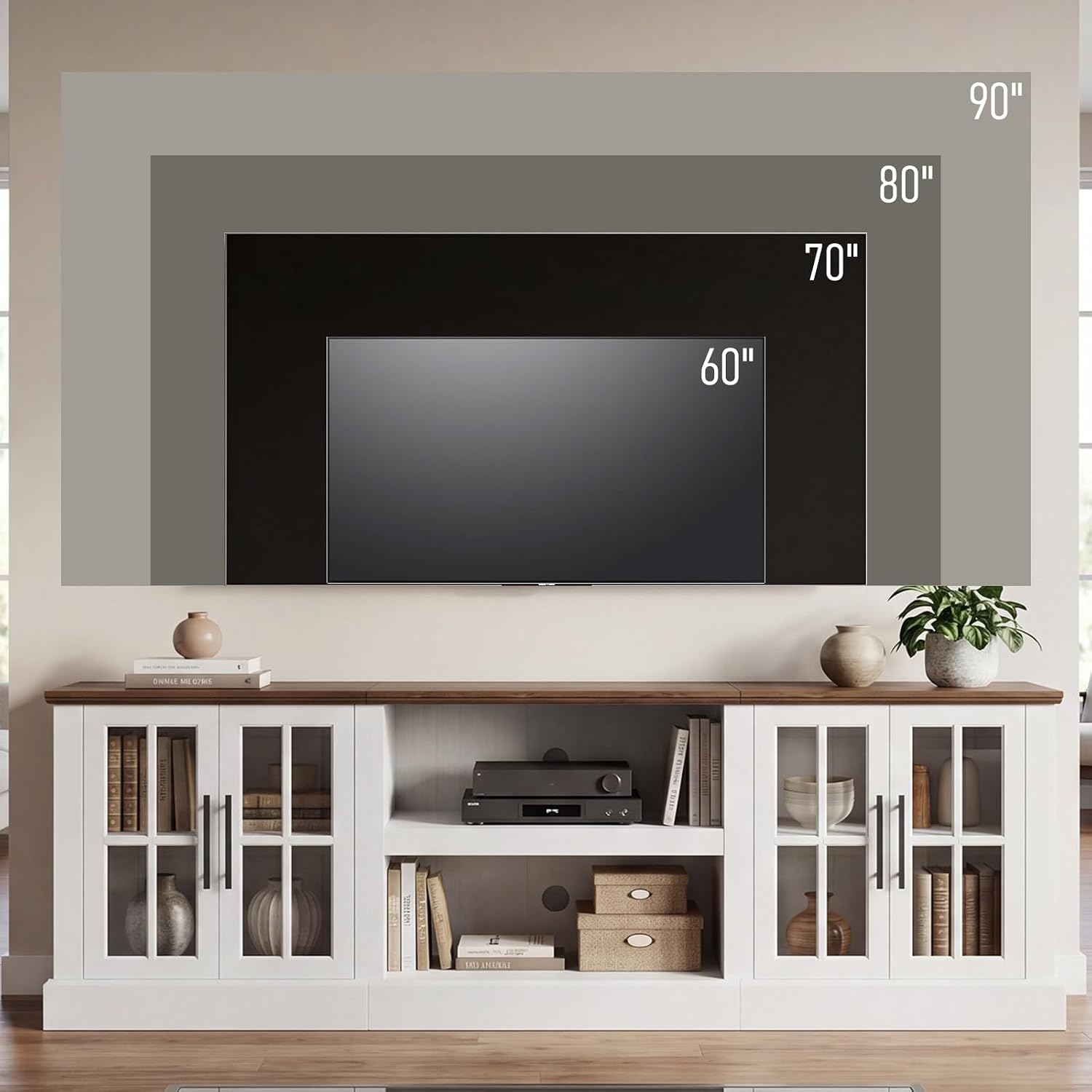 Breezestival 80 Inch Farmhouse TV Stand for TVs up to 90", Media Entertainment Center with Adjustable Shelves and Large Storage Cabinets, for Living Room, White