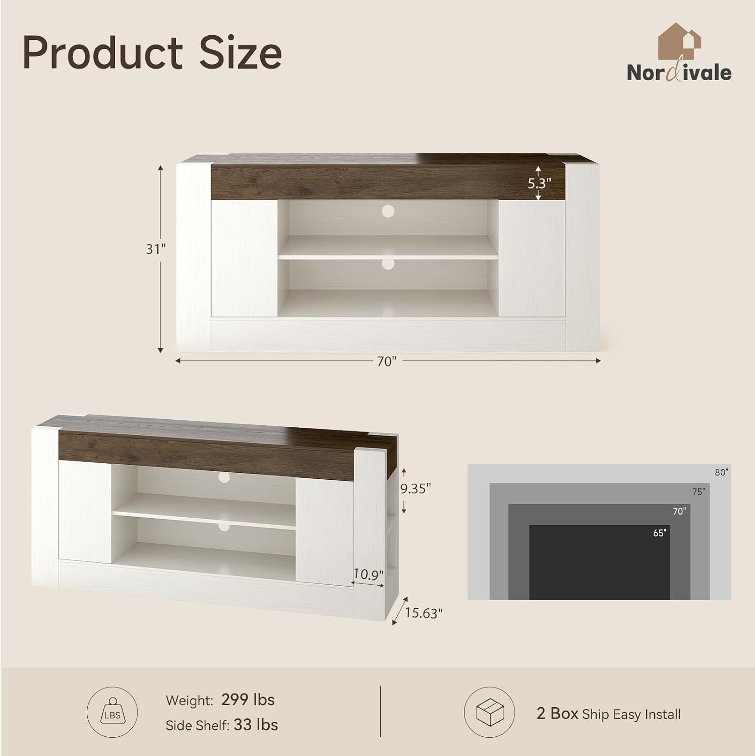 70 inch TV Stand for TVs Up to 80 Inches with Storage, White | Modern Entertainment Center and Media Console with Open Shelves, 2 Side Cabinets and Thick-Frame Design for Living Rooms