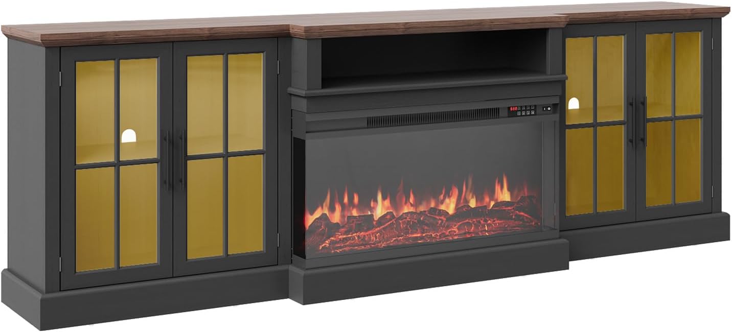 Nordivale 98 Inch Farmhouse TV Stand with 36" Fireplace for TVs up to 100", Media Entertainment Center with Adjustable Shelves and Large Storage Cabinets,Fireplace TV Stand for Living Room, Black