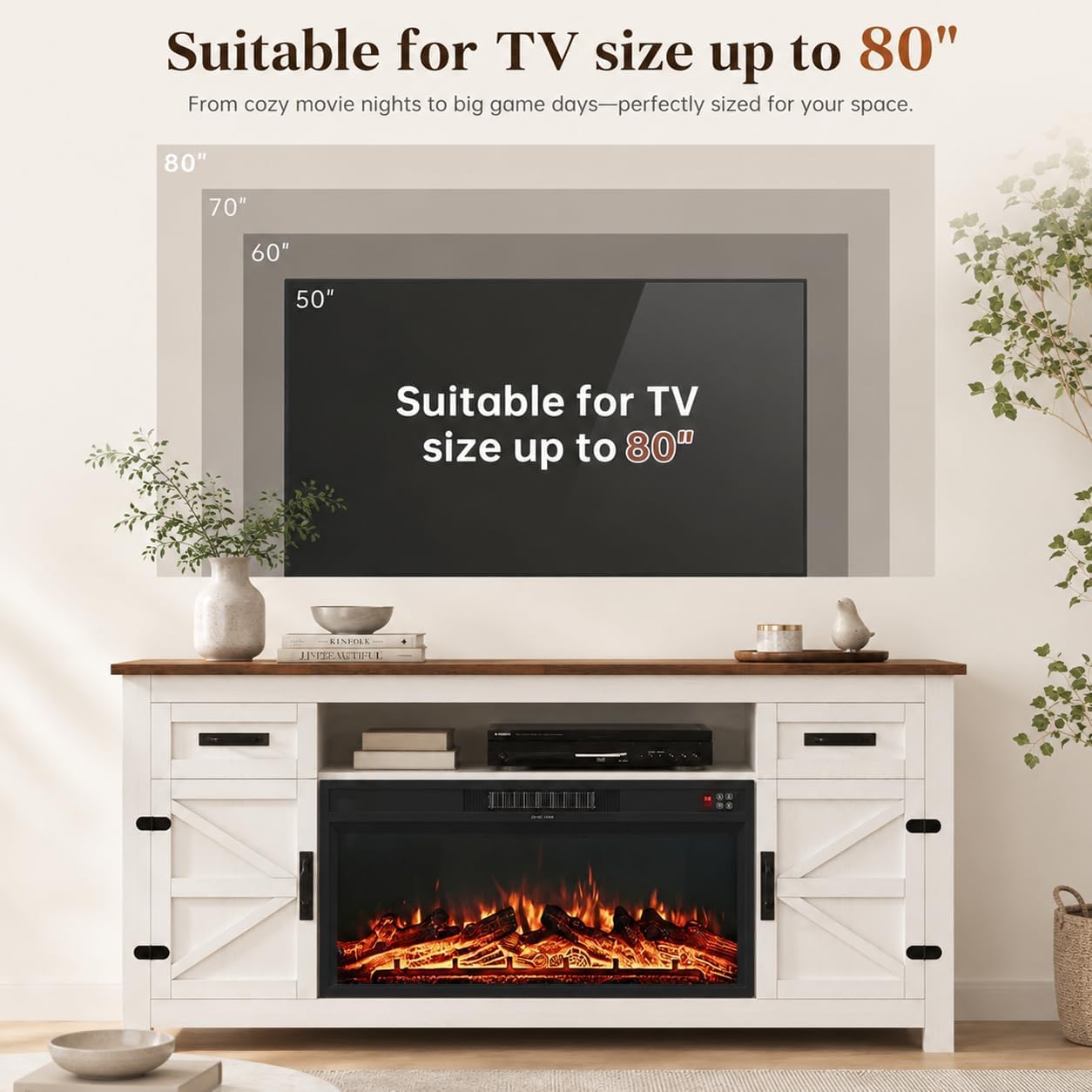 Nordivale Fireplace TV Stand with Barn Door, Farmhouse Fireplace Entertainment Center with Electric Fireplace and Storage for Living Room, 70inch, White