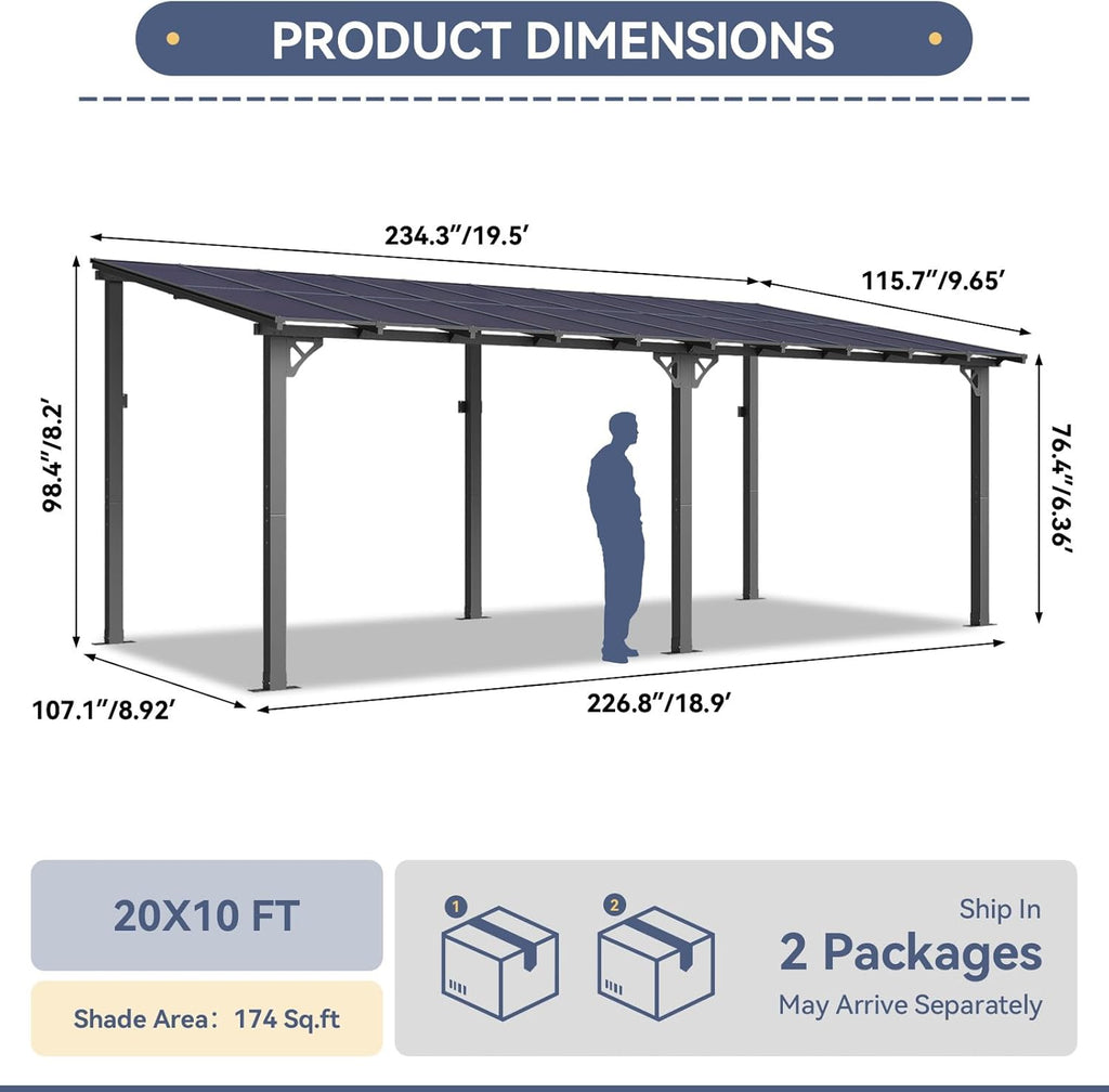Breezestival 10' x 20' Lean to Gazebo with Polycarbonate Panel Wall Mounted Gazebo with Aluminum Top Frame Awing for Patio, Deck, Garden