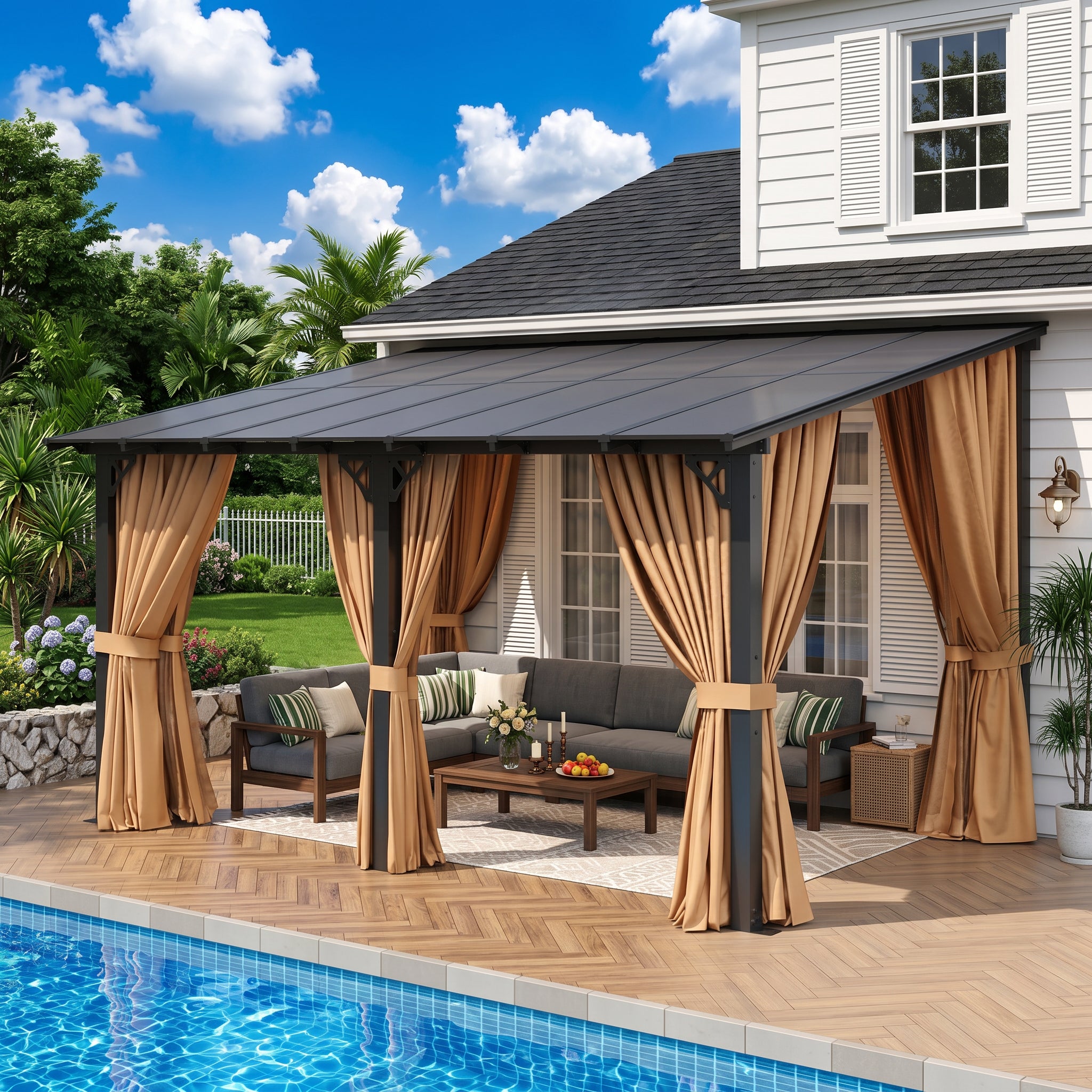 Aoxun 10'x14' Lean to Gazebo with Mosquito Net and Curtains, Aluminum Frame, Polycarbonate Panel, Wall Mounted Pergola with Sloped Roof for Backyard, Porch, Deck