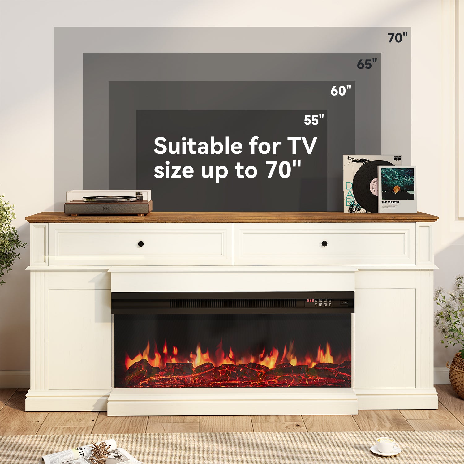 63 inch Fireplace TV Stand for TVs up to 70" with 36" 3-Sided Electric Fireplace, Modern Media Entertainment Center, Farmhouse TV Console for Living Room with Drawers and Hidden Storage