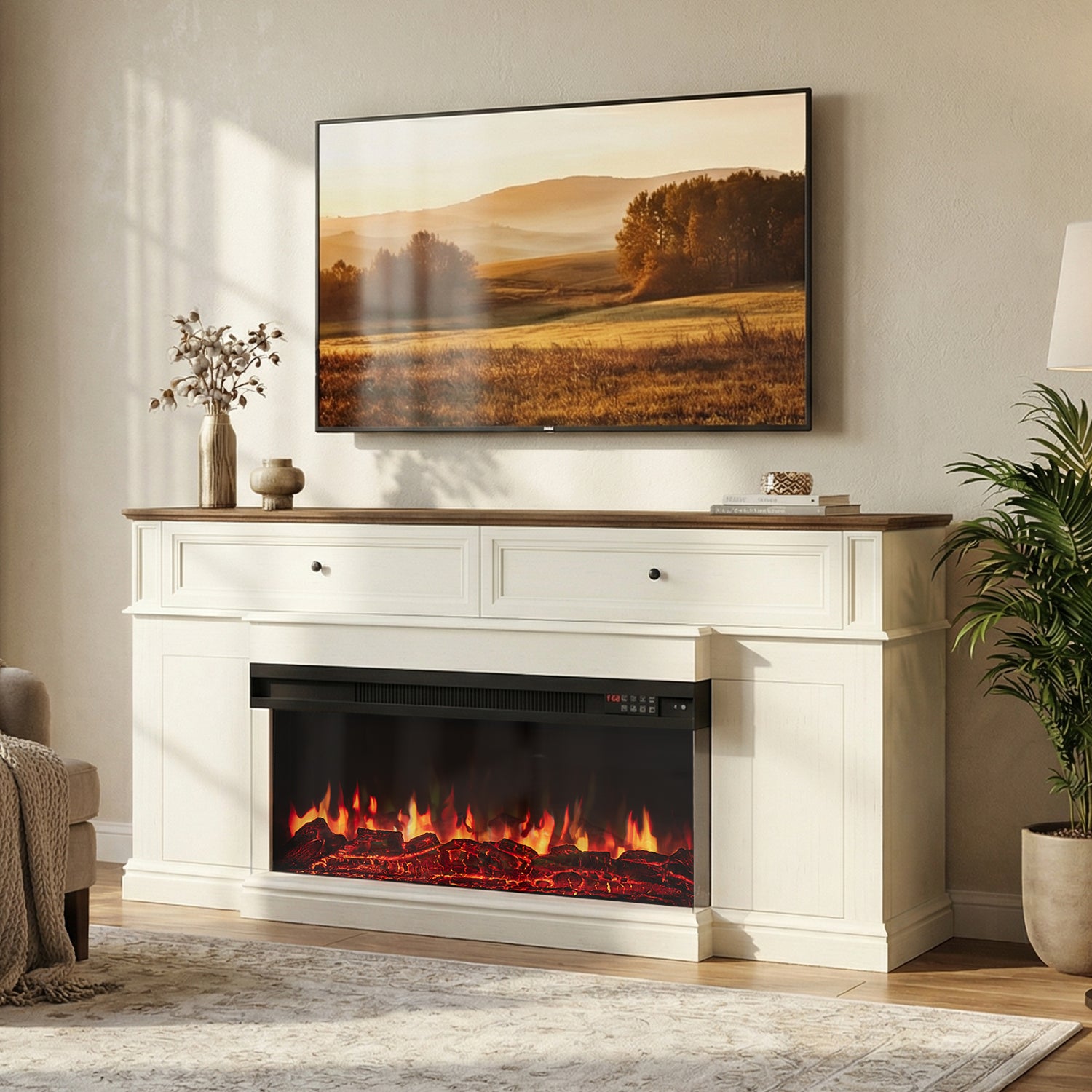 63 inch Fireplace TV Stand for TVs up to 70" with 36" 3-Sided Electric Fireplace, Modern Media Entertainment Center, Farmhouse TV Console for Living Room with Drawers and Hidden Storage