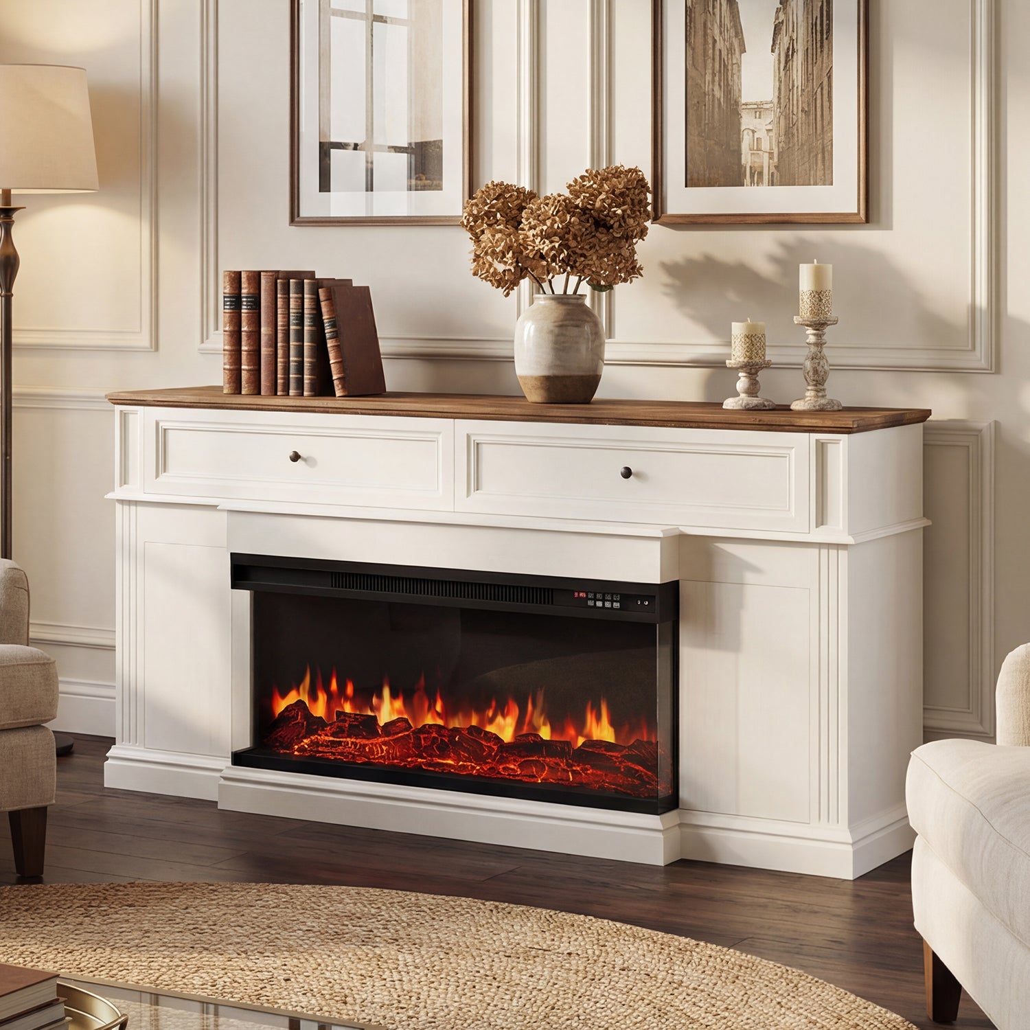 63 inch Fireplace TV Stand for TVs up to 70" with 36" 3-Sided Electric Fireplace, Modern Media Entertainment Center, Farmhouse TV Console for Living Room with Drawers and Hidden Storage