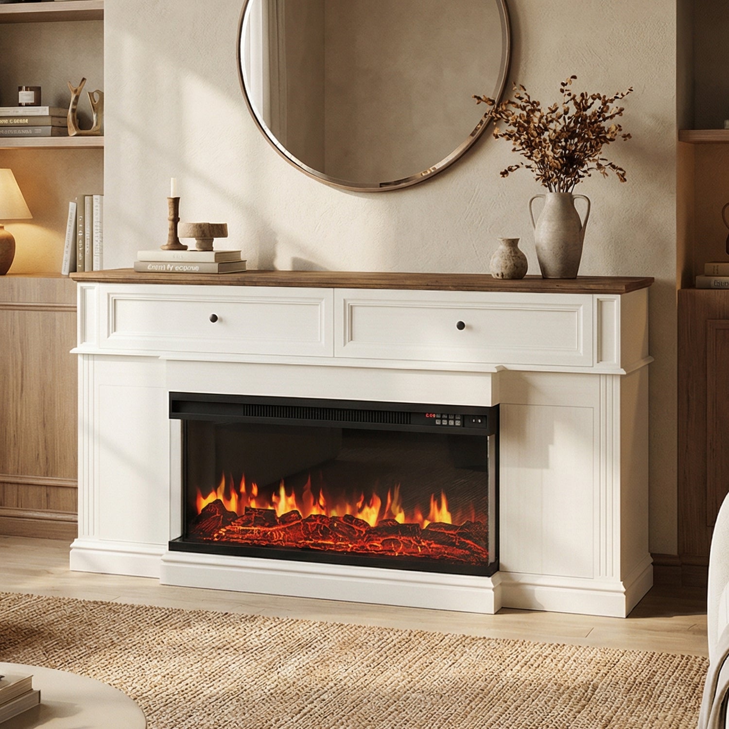 63 inch Fireplace TV Stand for TVs up to 70" with 36" 3-Sided Electric Fireplace, Modern Media Entertainment Center, Farmhouse TV Console for Living Room with Drawers and Hidden Storage