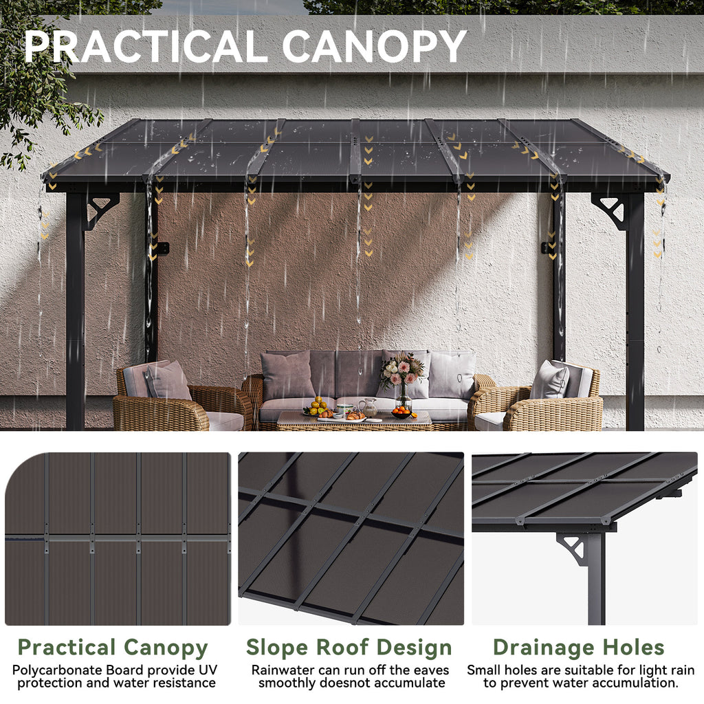 Binplax 12x10 Lean to Gazebo with Polycarbonate Panel Wall Mounted Gazebo with Aluminum Top Frame Awing for Patio, Deck, Garden