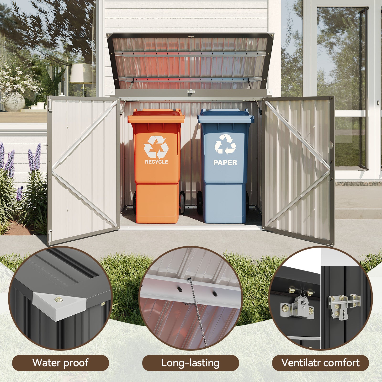 50 Cu. Ft Outdoor Trash Can Shed with Pneumatic Support Rod, 5x2.6 Ft Outdoor Storage Shed w/Lockable Doors & Waterproof Lid Chain,Ideal for 2 Trash Bins for Patio/Garden/Backyard