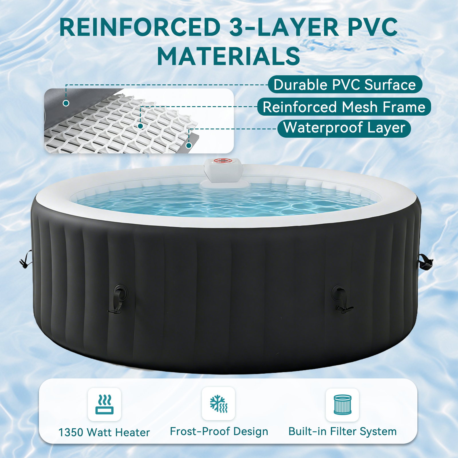 SunSwell 71" Inflatable Hot Tub, Round Portable Outdoor Spa with 120 Soothing Air Jets, Heater Pump, Insulated Cover and Filter System, Leak-Proof PVC Blow Up Hot Tub for Backyard, 4 Person, Black
