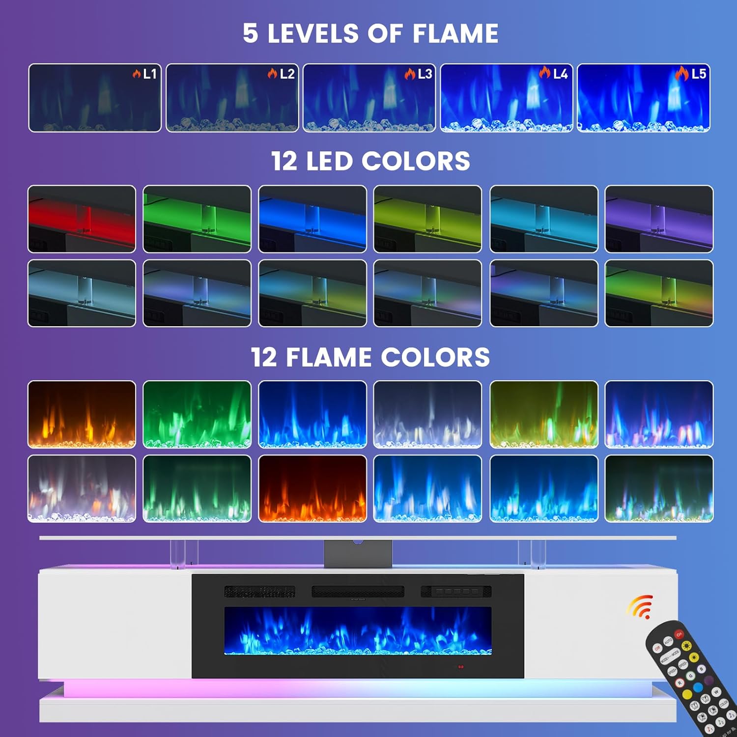 Breezestival 70" Fireplace TV Stand for TVs up to 80", Modern Entertainment Center with Black Fireplace and Storage, White