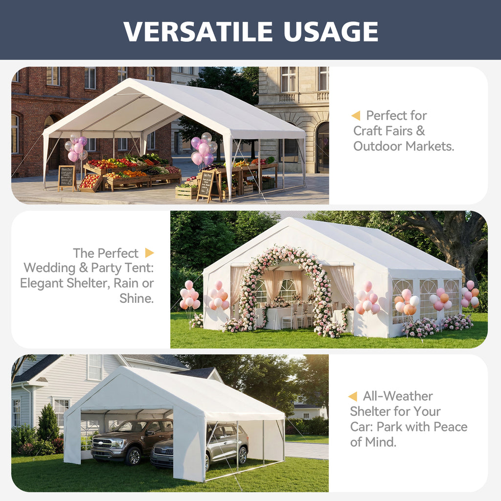 Binplax Party Tent 20x20 Canopy Heavy Duty, Waterproof Outdoor Event Tent with Removable Sidewalls & Roll-Up Door, Portable Carport for Wedding, BBQ, Camping, Birthday Party