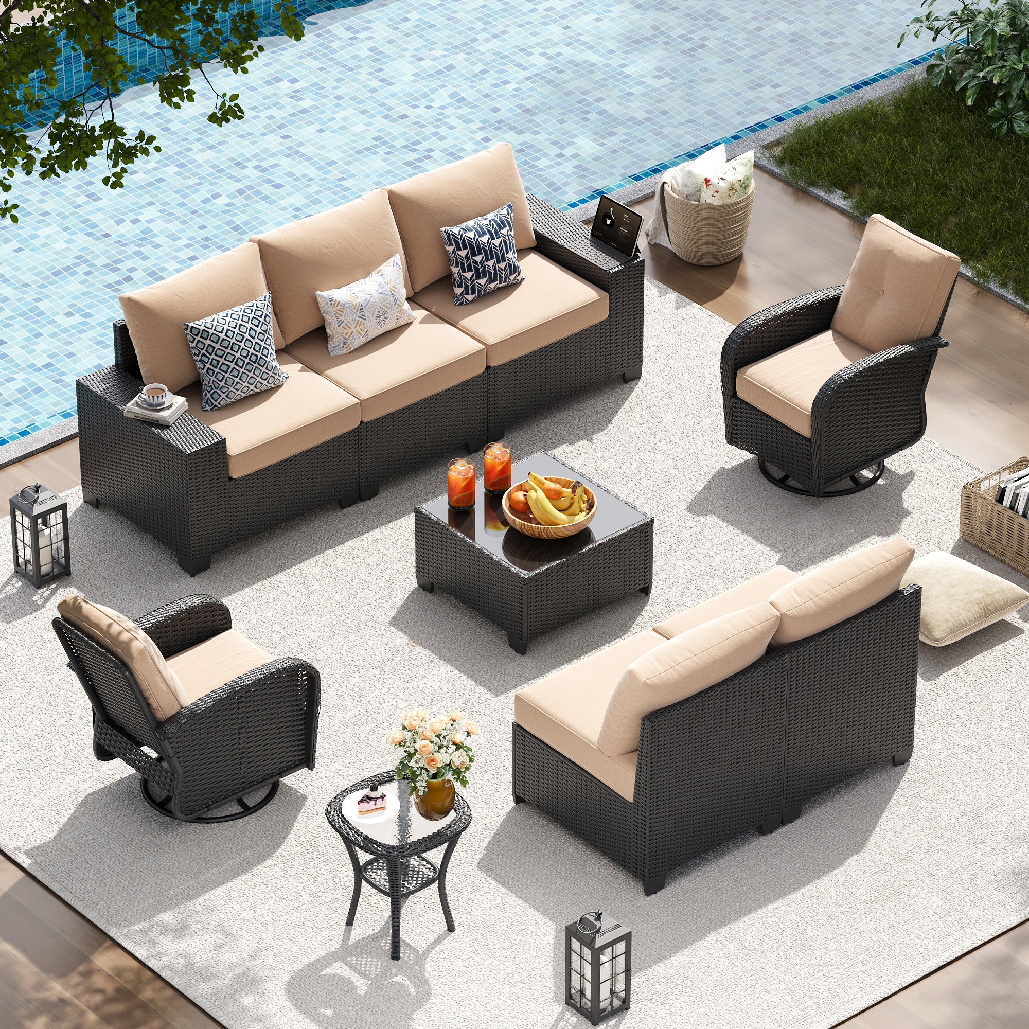 LazySunsets Patio Furniture Set, Outdoor Sectional All-Weather Wicker Conversation Set with Swivel Rocker Chairs, 4'' Thick Cushions for Backyard Poolside