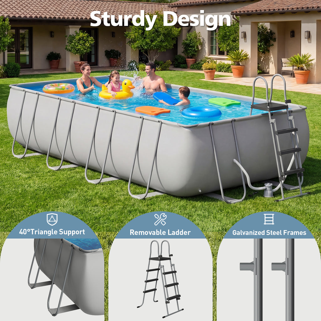 SunSwell 20' x 11' x 47" Rectangular Frame Pool Set with Removable Ladder and Sand Filter Pump, Large Swimming Pool for Backyard and Family, Gray