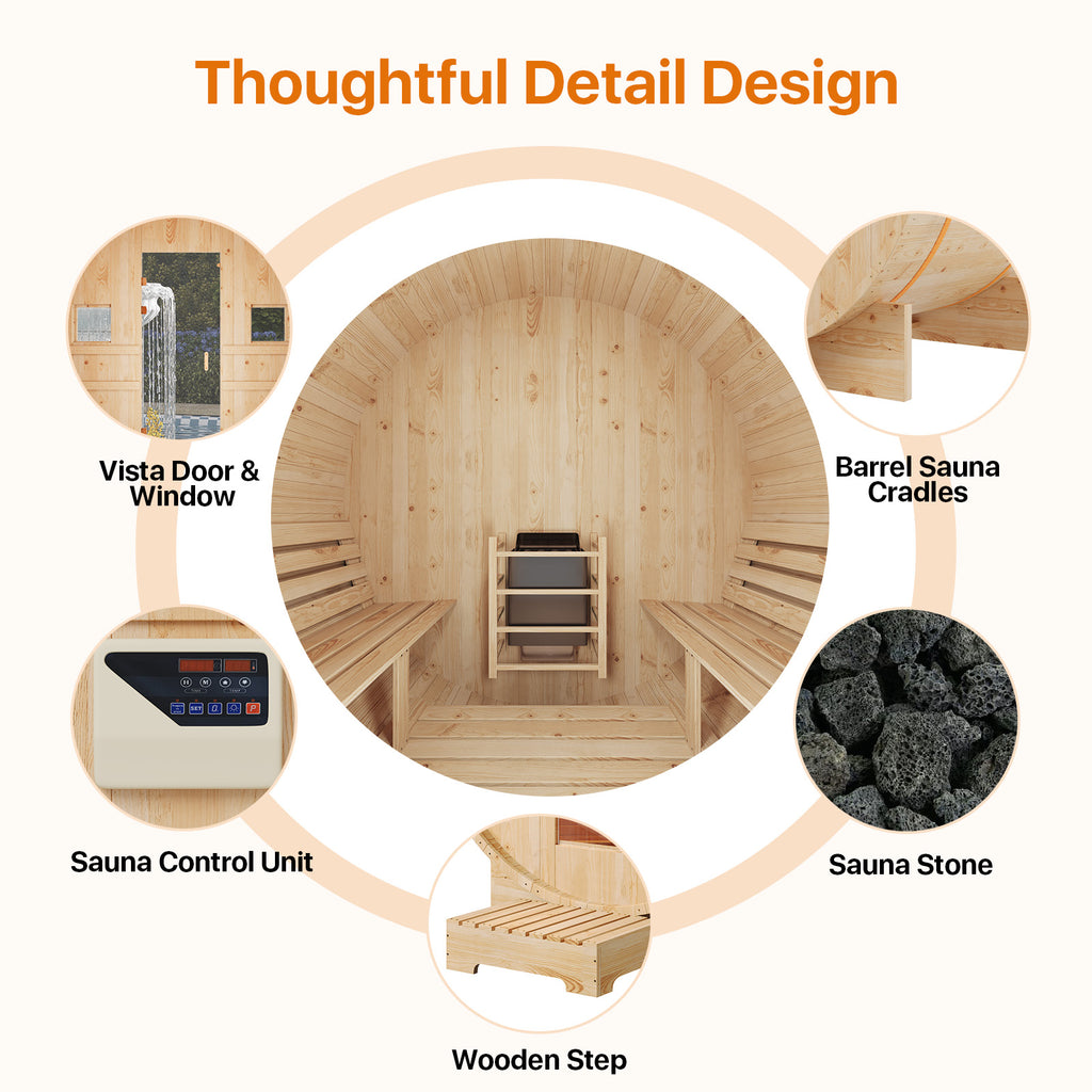 Aoxun Outdoor Barrel Sauna, 4-6 Person Tradition Wood Dry＆Steam Sauna with Sauna Stone, 220V/6KW Electric Heater