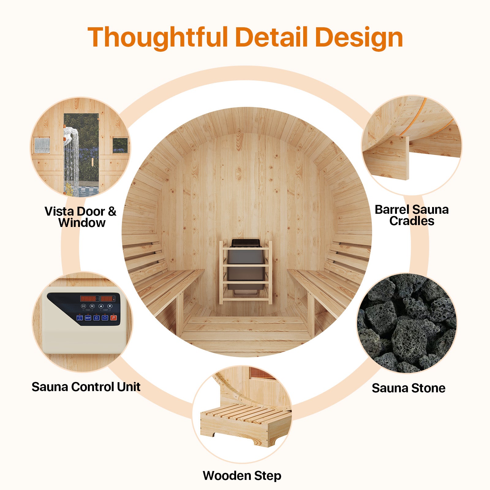 Aoxun Outdoor Barrel Sauna, 4-6 Person Tradition Wood Dry＆Steam Sauna with Sauna Stone, 220V/6KW Electric Heater
