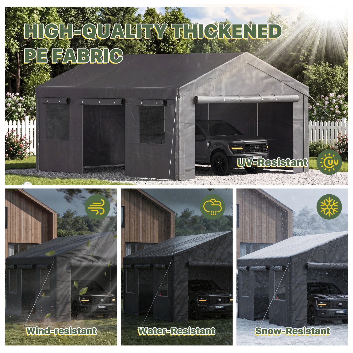 Aoxun Carport 12X20 ft Heavy Duty Carport with Roll-up Windows, Portable Garage Car Canopy with Removable Sidewalls & Doors for Car, Truck, SUV, Boat, Grey