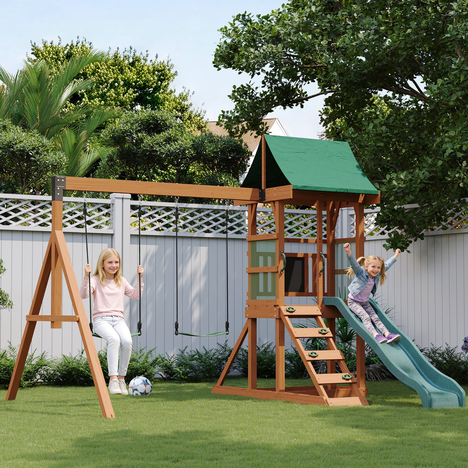 SunSwell Wooden Swing Sets for Backyard - Playground Sets for Backyards, Outdoor Playset with 6 FT Wave Slide, Play Deck, Rock Wall Ladder, 2 Belt Swings, Chalkboard, Canopy Roof, Green