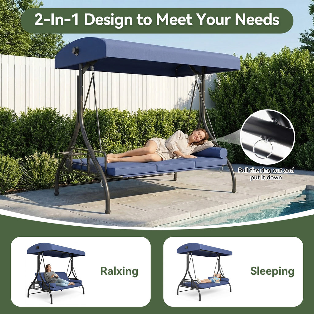 Aoxun Outdoor Porch Swing with Stand and Canopy, 3 Seats Outdoor Swings for Adults, Convertible 2 in 1 Swing Bed with Cup Holder, Patio Swings with Thicken Cushions for Garden, Yard & Balcony