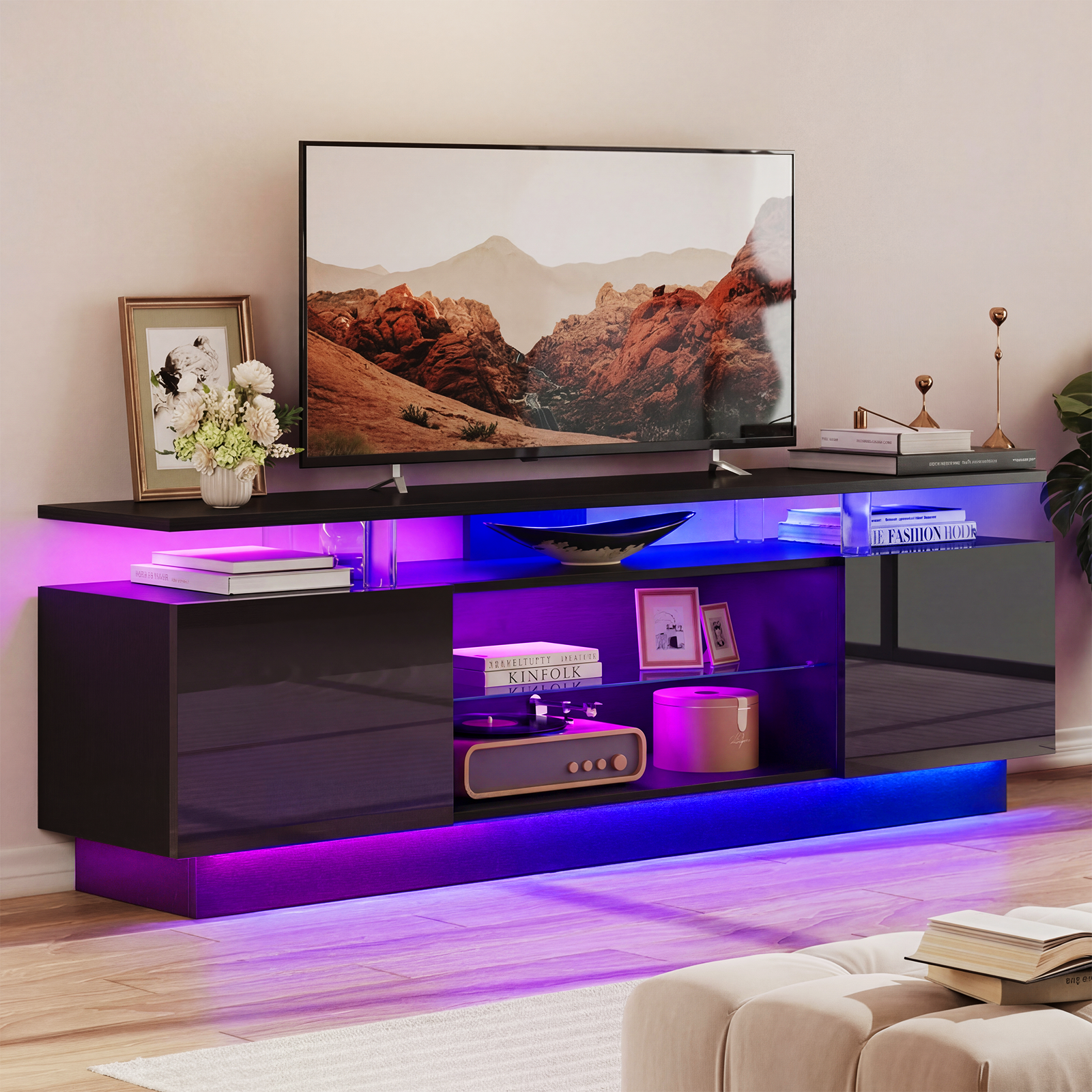 Nordivale 70” High-Glossy TV Stand with 2 Side Cabinets, Modern Stylish TV Console with 3 Layer LED Lights,Gaming TV Media Console with Adjustable Glass Shelf, Remote&APP Control, Black
