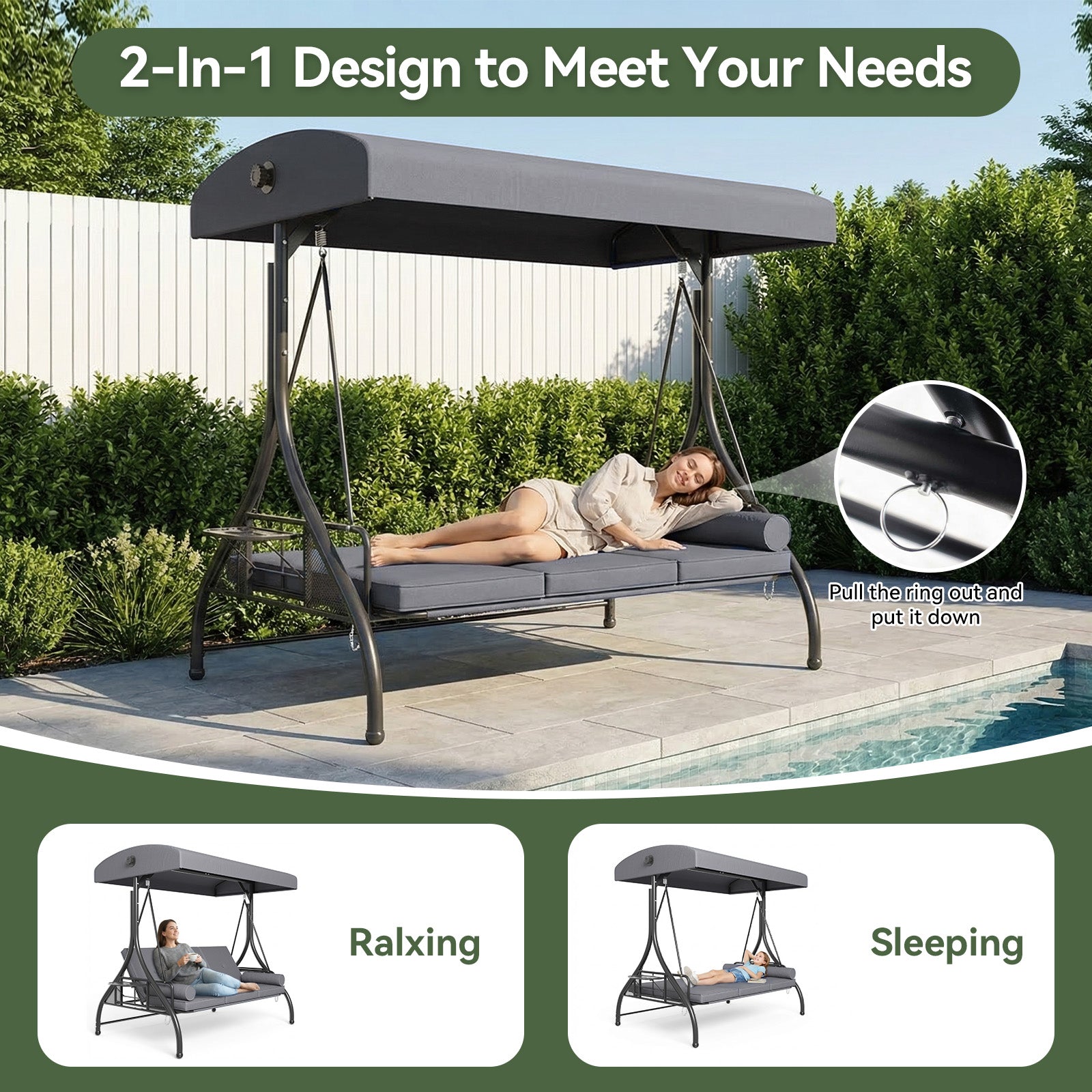 Aoxun Outdoor Porch Swing with Stand and Canopy, 3 Seats Outdoor Swings for Adults, Convertible 2 in 1 Swing Bed with Cup Holder, Patio Swings with Thicken Cushions for Garden, Yard & Balcony