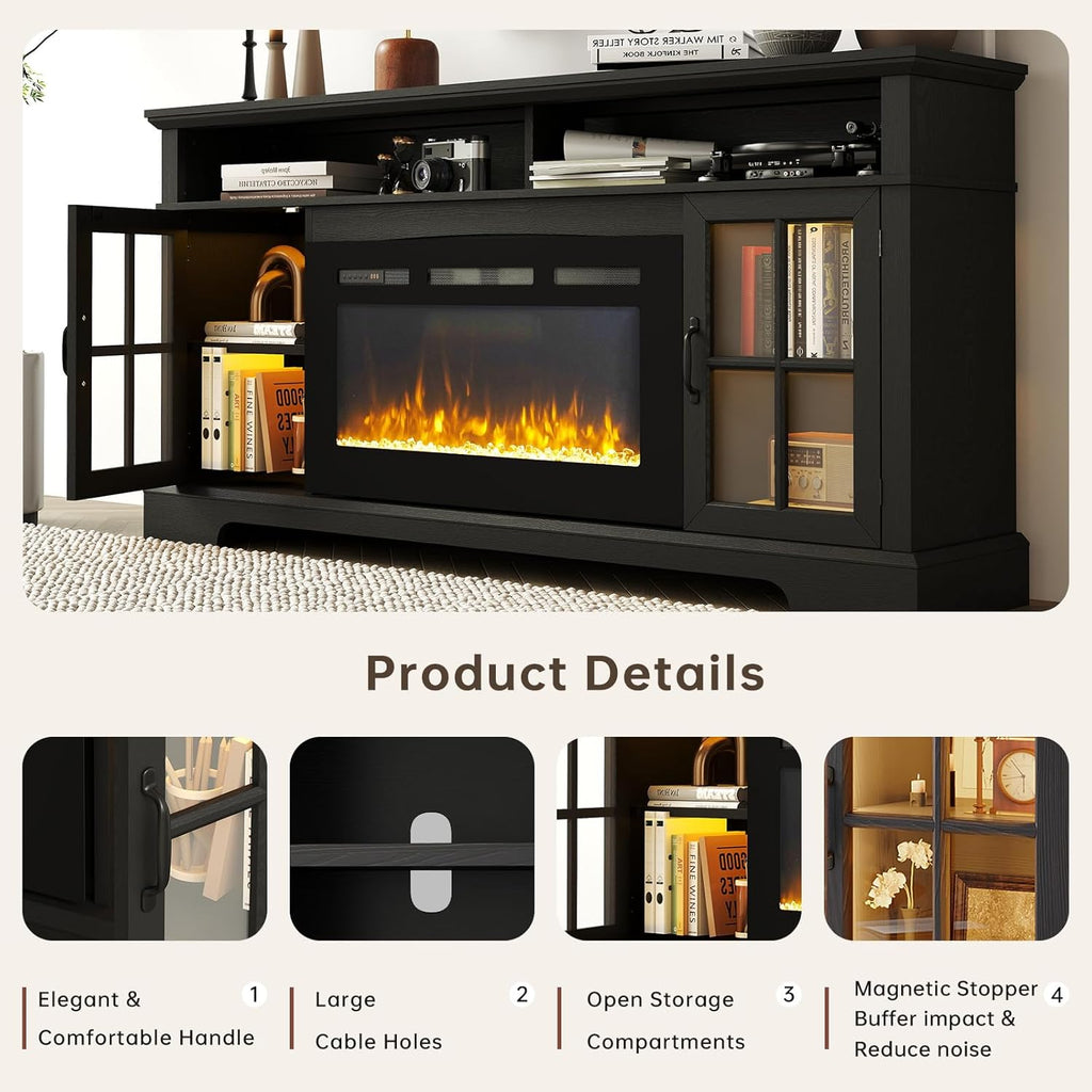 Nordivale 70" Fireplace TV Stand, Farmhouse Entertainment Center for TVs Up to 80”, TV Console with Storage Cabinets, Media Console for Living Room, Black TV Stand and Black Fireplace