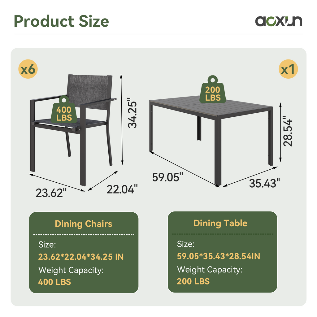 Aoxun 7-Piece Patio Table and Chairs Set for 6, All Weather Outdoor Dining Set with 6 Textilene Chairs and 1 Rectangular Metal Table, Patio Dining Sets for Backyard, Garden and Poolside