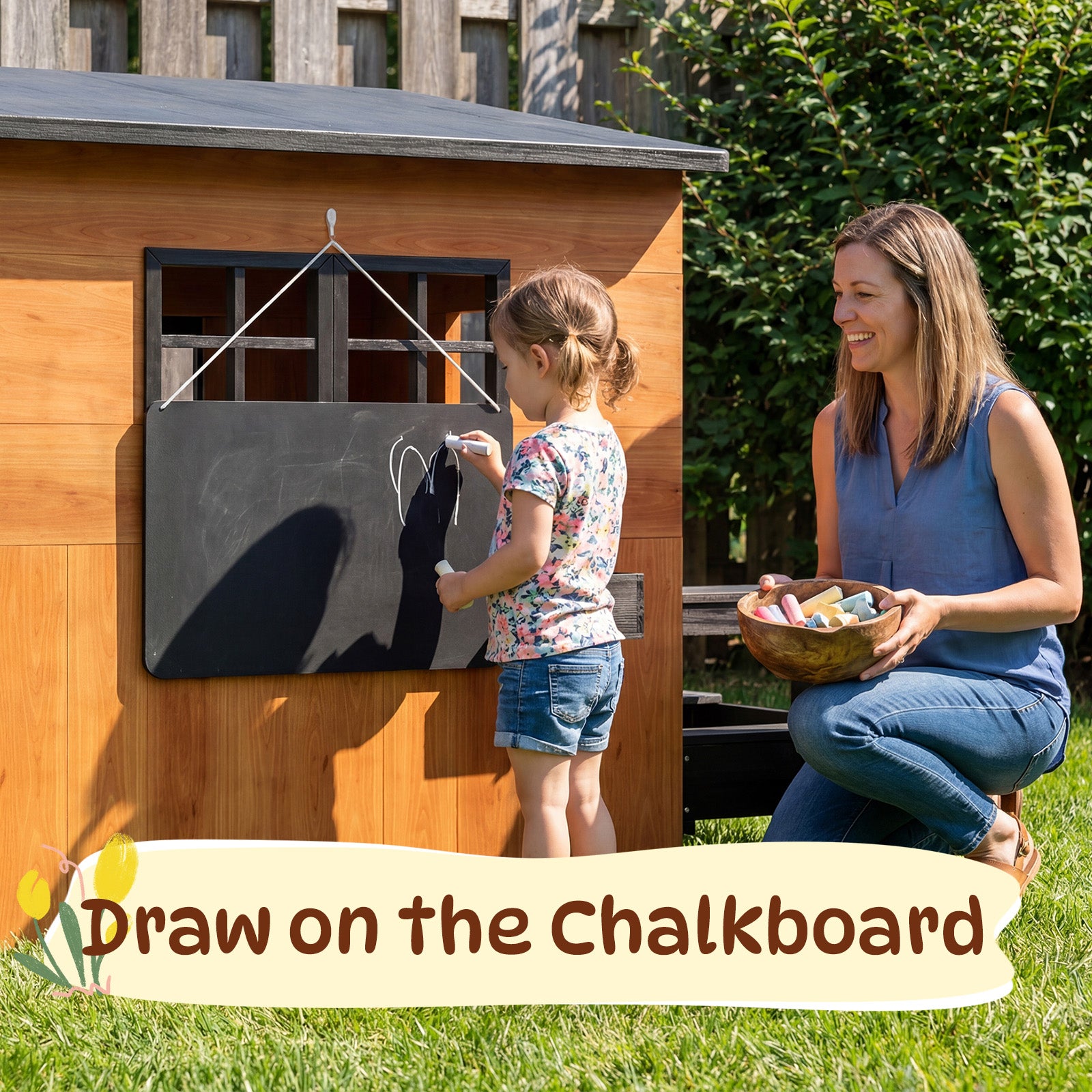 SunSwell Outdoor Playhouse - Modern Fir Wooden Playhouse for Kids Outdoor with Play Kitchen, Outside Table, Chalkboard, Half Door, Windows, Flower Box, Indoor Outdoor Imaginative Play for Ages 3-8