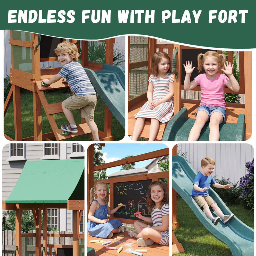 Binplax Wooden Swing Sets for Backyard,Outdoor Playset, Kids Playground Set with 6 FT Wave Slide, Rock Wall Ladder, 2 Belt Swings, Chalkboard, Canopy Roof, Green